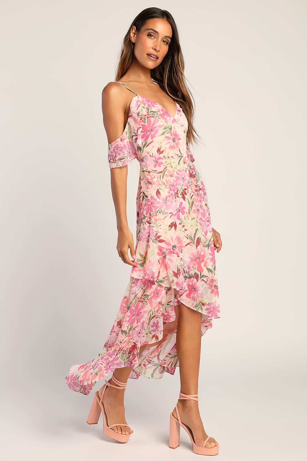 Watch Me Grow Pink Floral Print Cold-Shoulder High-Low Dress