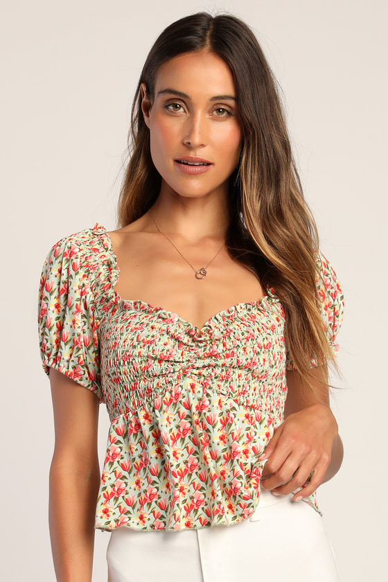 Lulus Such A Flirt Sage Floral Smocked Peplum Short Sleeve Top In Green