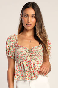 Such A Flirt Sage Floral Smocked Peplum Short Sleeve Top 1