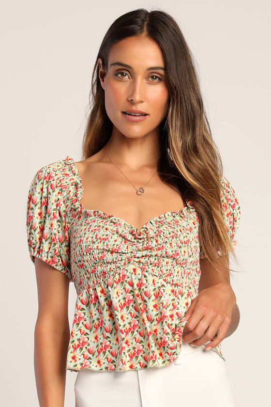 Such A Flirt Sage Floral Smocked Peplum Short Sleeve Top 1