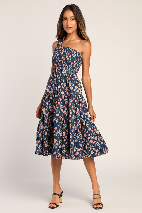One-Shoulder Dress - Navy Floral Dress - Smocked Midi Dress - Lulus