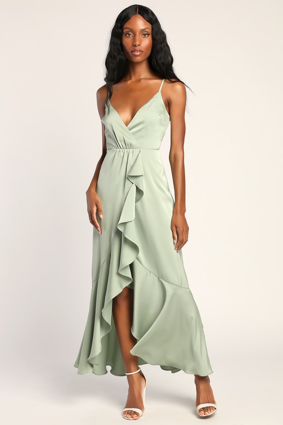 Enchanted Moments Sage Green Satin Ruffled High-Low Dress