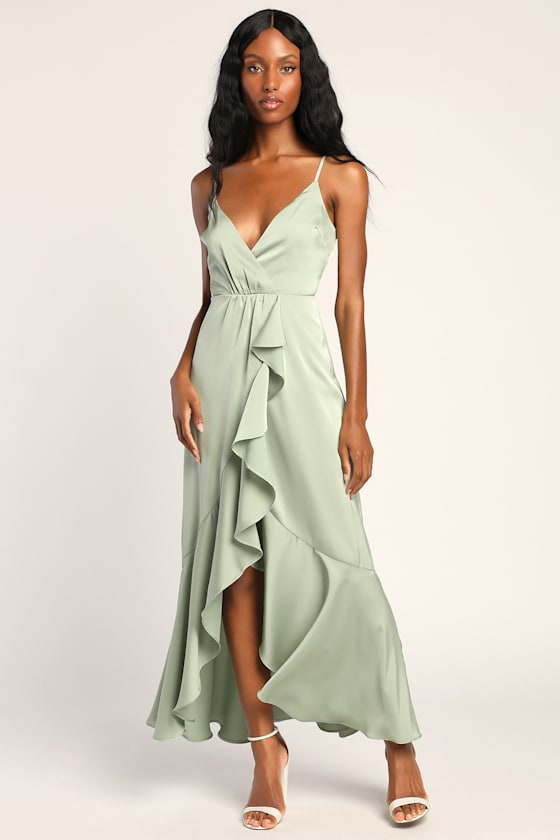Enchanted Moments Sage Green Satin Ruffled High-Low Dress 1