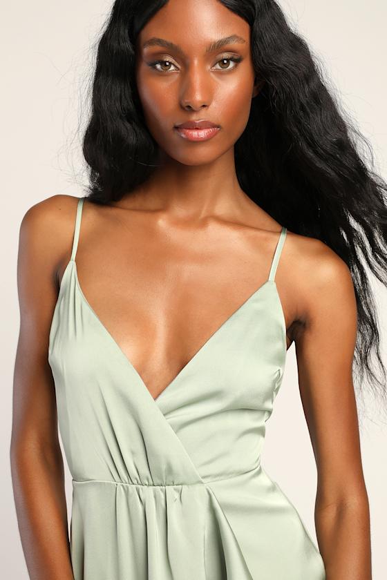 Enchanted Moments Sage Green Satin Ruffled High-Low Dress 2