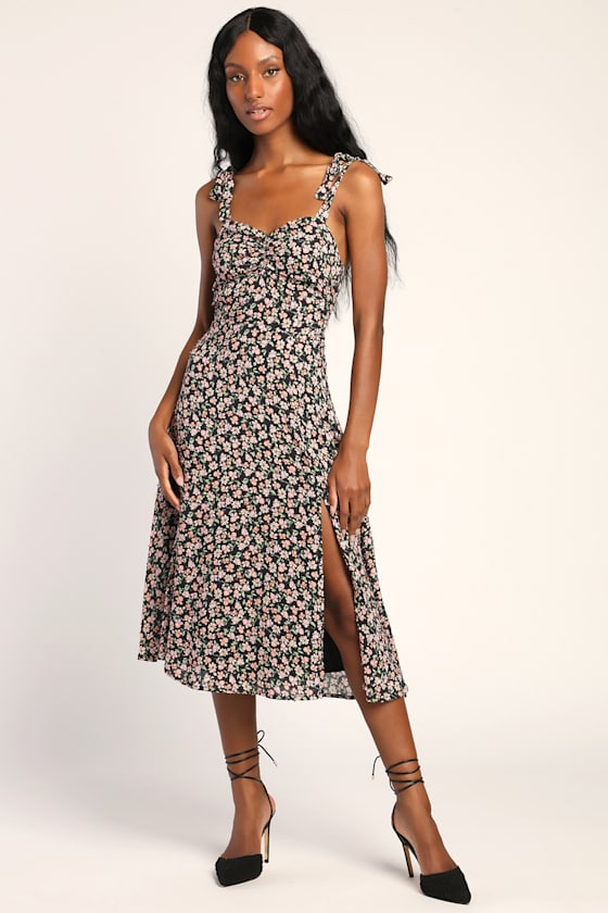 Black Floral Midi Dress TieStrap Midi Dress Sweetheart Dress Lulus