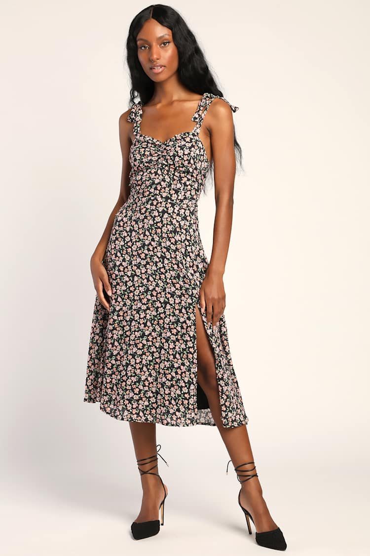 sweetheart dark floral peplum midi tie strap dress AE Sweetheart Tie-Strap Midi Dress Women's Black XXL