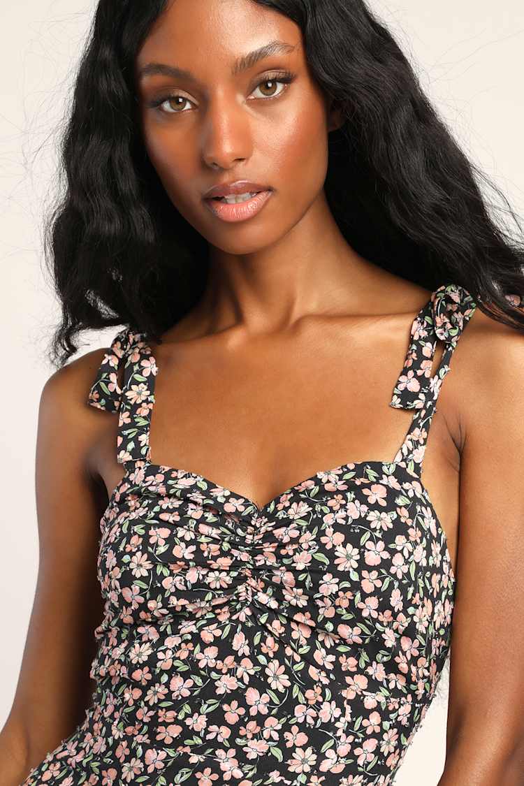 sweetheart dark floral peplum midi tie strap dress Playfully Posh Black Floral Organza Tie-Strap Tiered Midi Dress