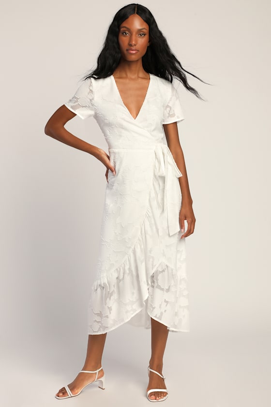 Blissfully White Jacquard Short Sleeve Wrap Midi Dress 1