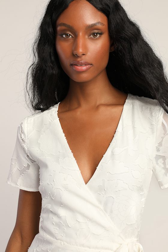 Blissfully White Jacquard Short Sleeve Wrap Midi Dress 2