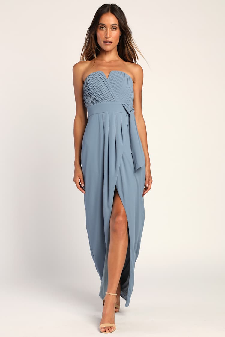 Easy Elegance Dusty Blue Pleated Strapless Maxi Dress