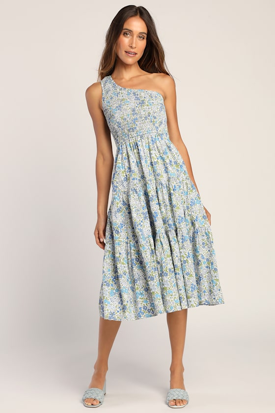 You Grow Girl White Floral Print One-Shoulder Midi Dress 1