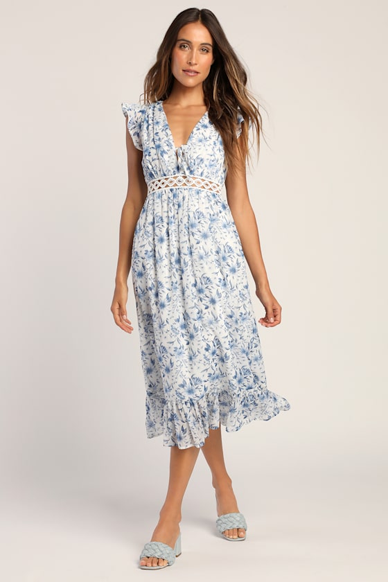 Elegant White Floral Midi Dress with Layered Design & Light Shrug