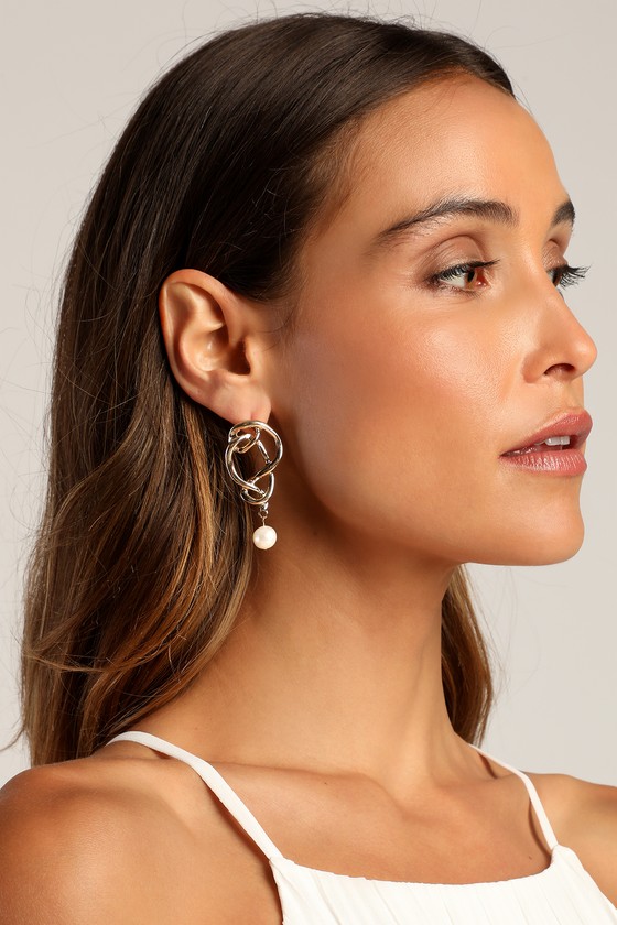Abstracts Attract Gold Pearl Drop Abstract Earrings