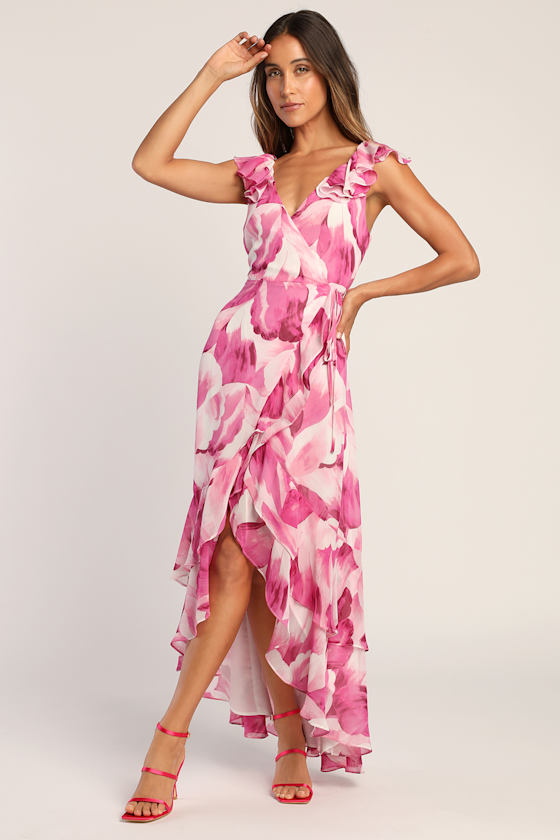 Pink Floral Maxi Dress - Wrap High-Low Dress - Sleeveless Dress - Lulus
