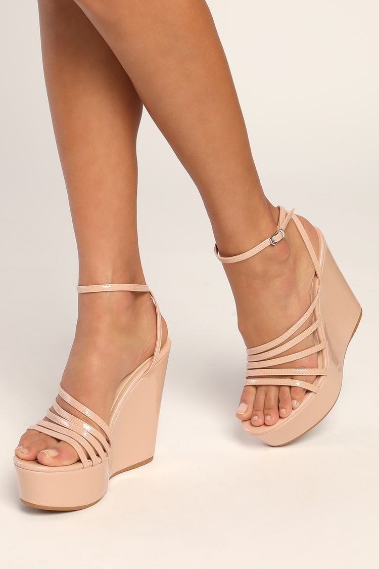 Patent Wedges - Ankle Strap Wedges - Strappy Wedges - Nude Heels
