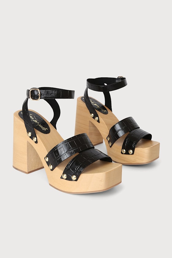 Mallory Clog Black Croc Leather Wooden Platform Heels 2