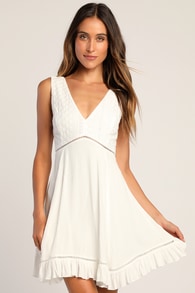 Endlessly Enticing White Embroidered Babydoll Mini Dress