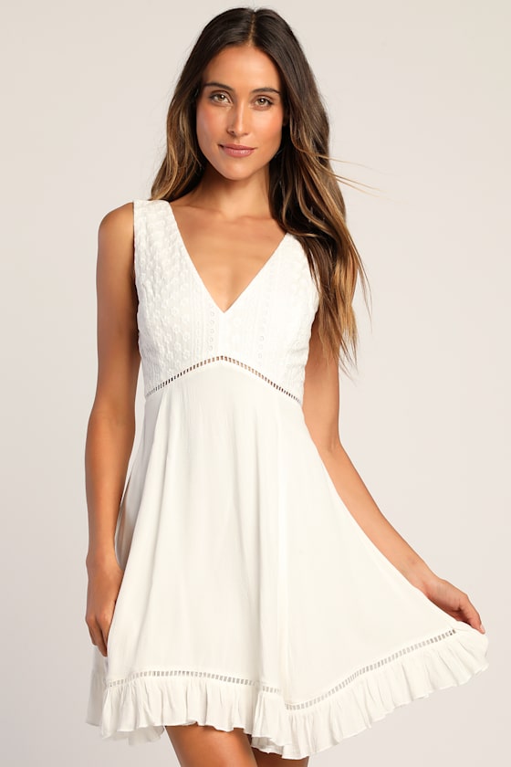 Endlessly Enticing White Embroidered Babydoll Mini Dress 1