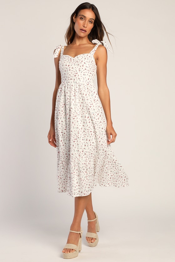 Garden Gorgeous White Floral Print Tie Strap Midi Dress