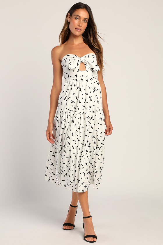 So Stylish White Abstract Print Tie-Front Strapless Midi Dress