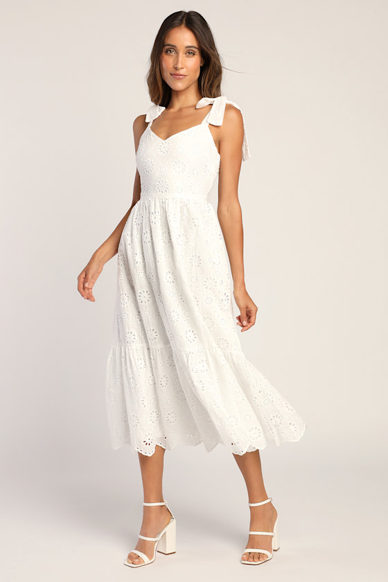 Perfect Vacation White Eyelet Embroidery Tie-Strap Midi Dress 1