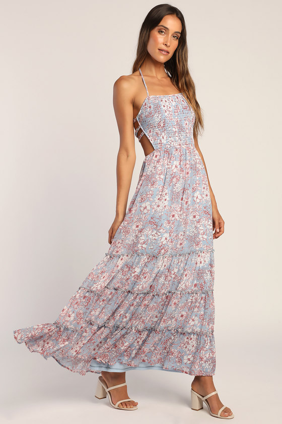 Blue Floral Maxi Dress - Backless Dress - Floral Tiered Dress - Lulus