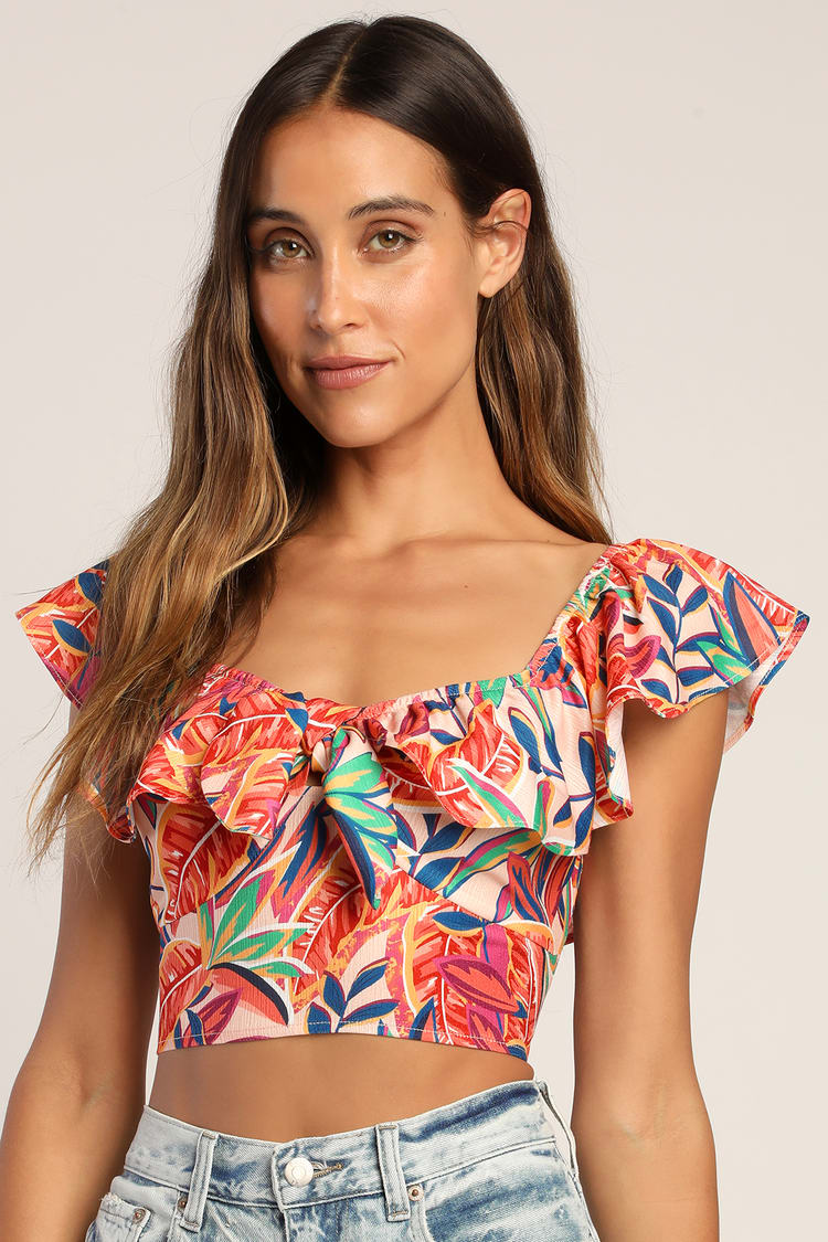 Splendid Sight Pink Multi Tropical Print Ruffled Crop Top