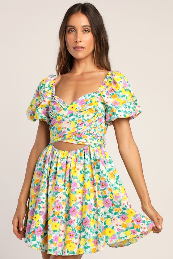 Attract Attention Multi Floral Puff Sleeve Tie-Front Mini Dress 1