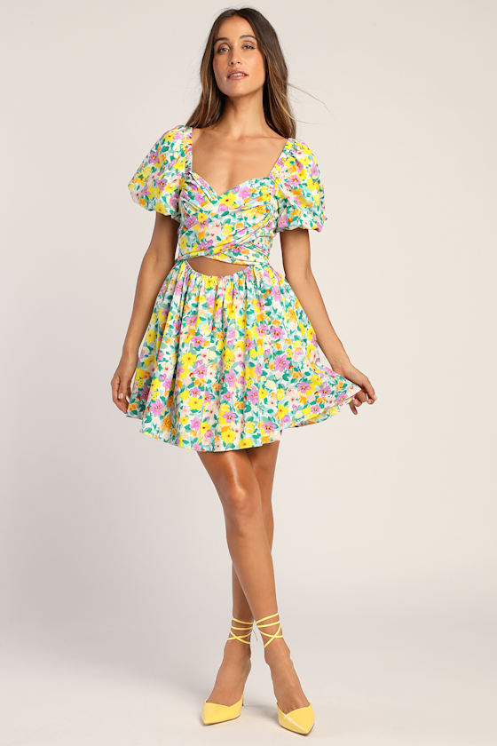 Multi Floral Mini Dress - Puff Sleeve 