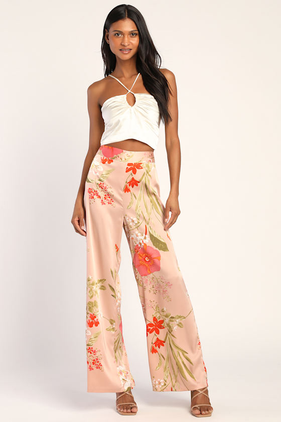 Thriving Vibes Light Pink Floral Print Satin Wide-Leg Pants 2