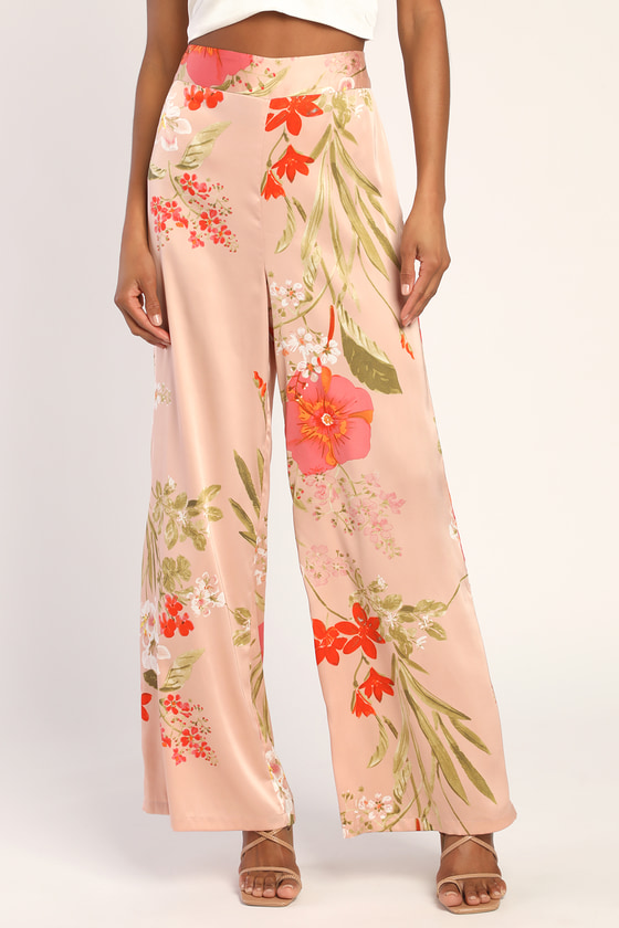 Thriving Vibes Light Pink Floral Print Satin Wide Leg Pants