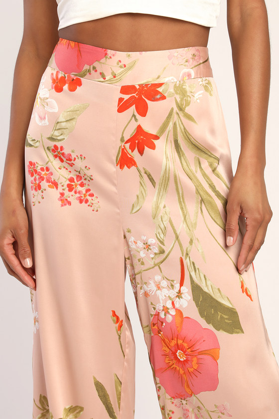 Pink Floral Print Pants - Floral Satin Pants - Wide-Leg