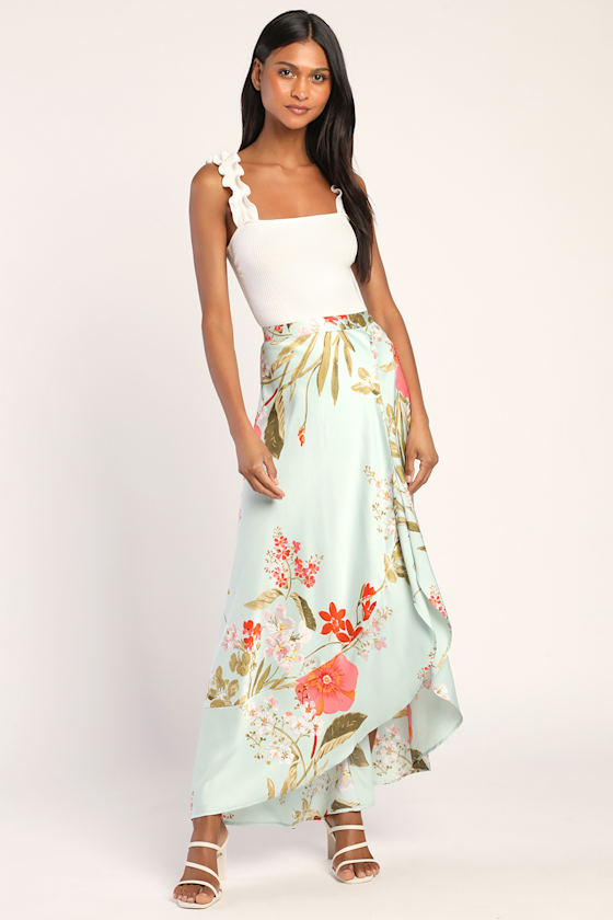 Superbly Stunning Sage Green Floral Print Satin Maxi Skirt 2