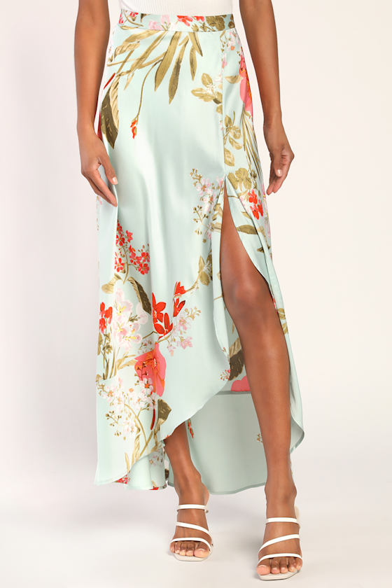 Superbly Stunning Sage Green Floral Print Satin Maxi Skirt 3