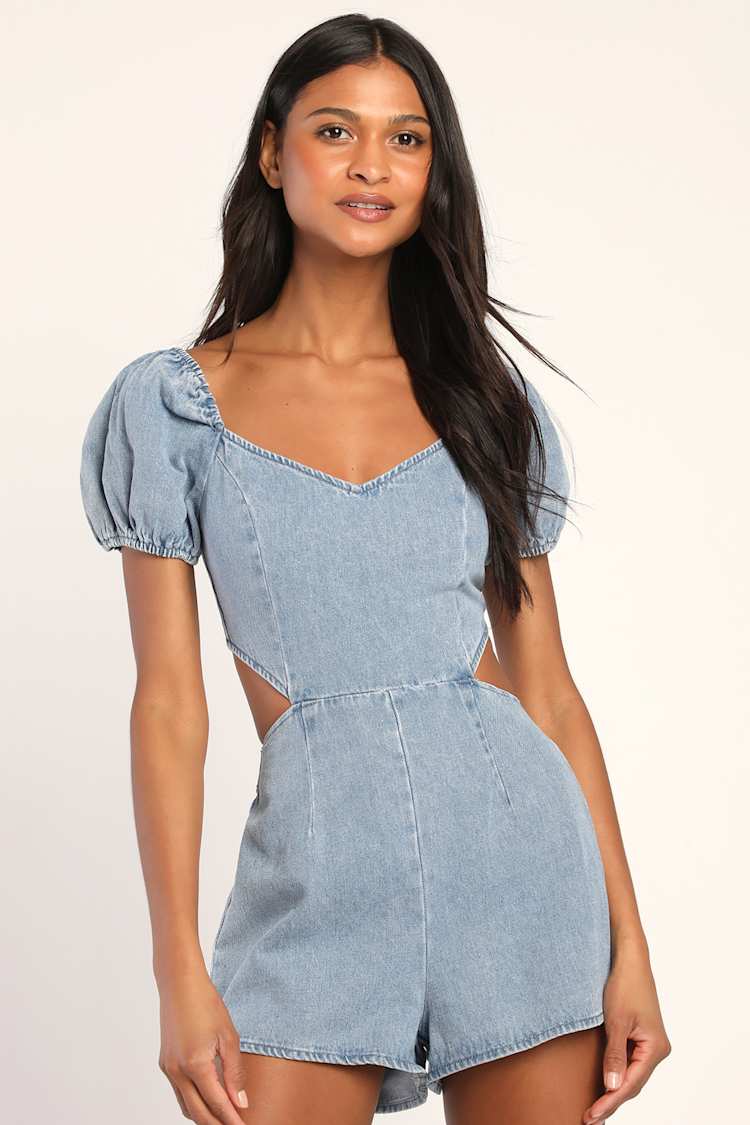 Lulus | Blue Blushing Beauty Light Wash Denim Puff Sleeve Romper | Womens | Large (Available in XS) | 100% Cotton