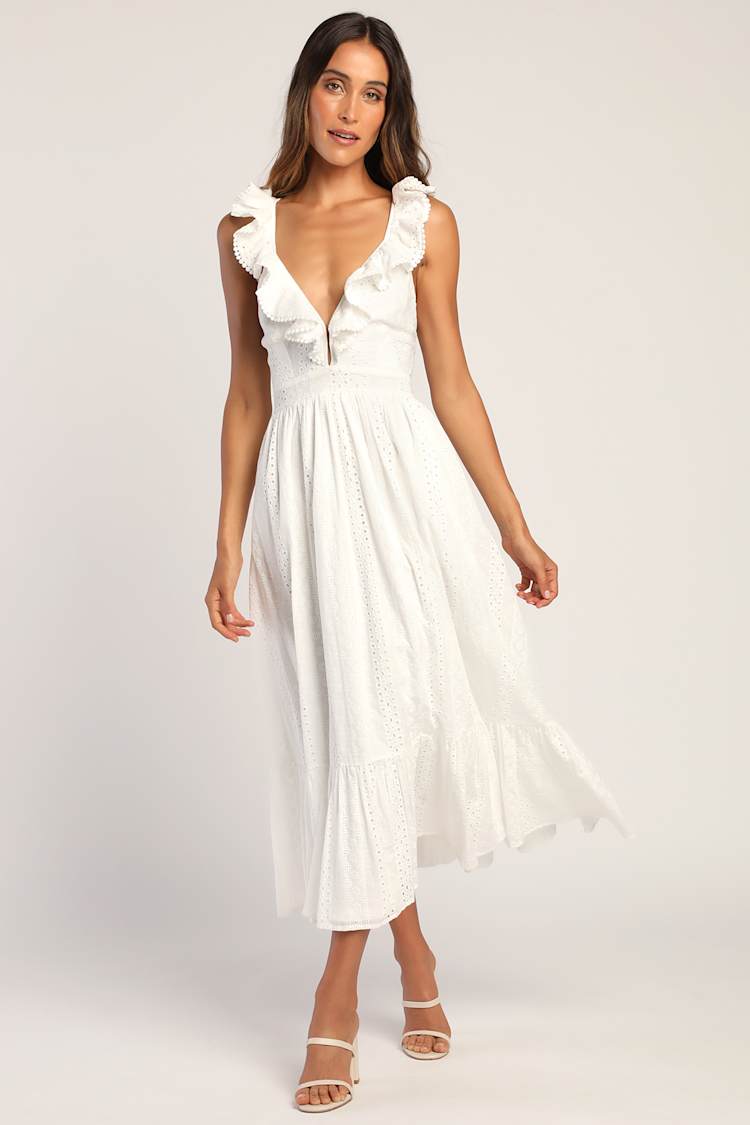 White Ruffled Midi Dress - Lace-Up Dress - Cotton Eyelet Dress - Lulus
