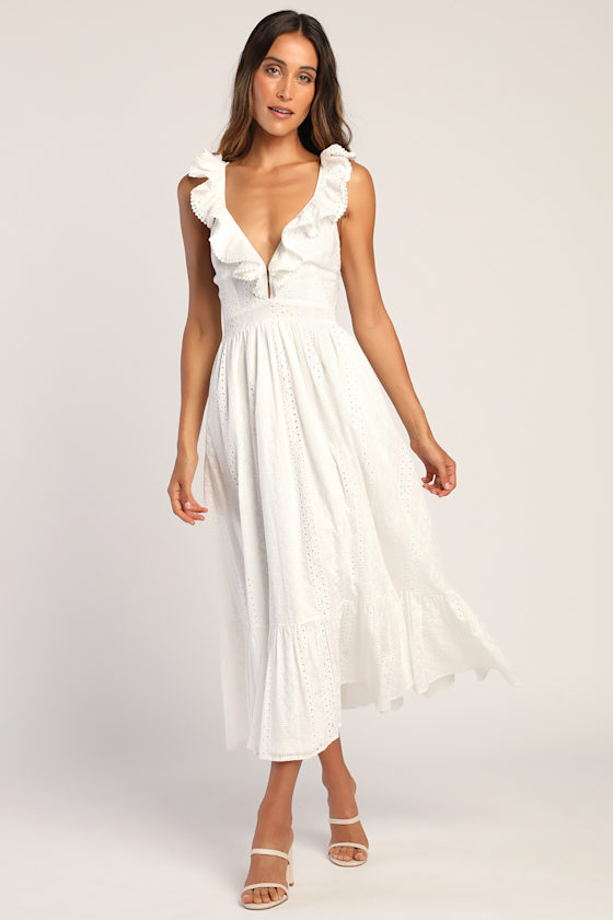 Sicilian Sun White Eyelet Embroidered Ruffled Lace-Up Midi Dress 2