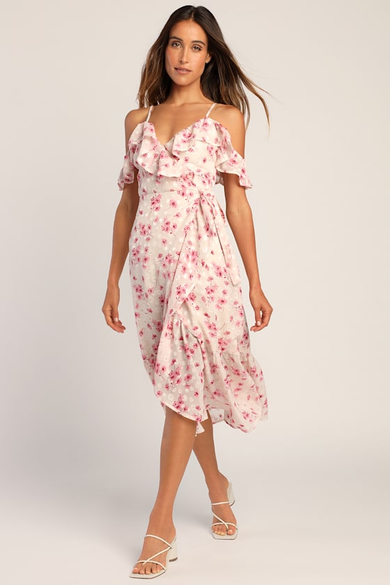 Blush Floral Wrap Dress Jacquard Dress Cold Shoulder Dress Lulus