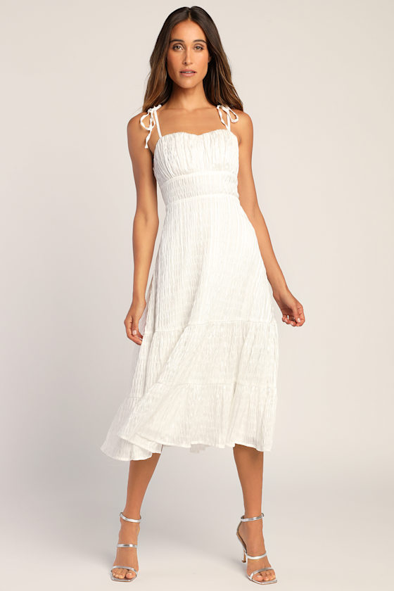 White Metallic Striped Dress TieStrap Dress Lurex Midi Dress Lulus