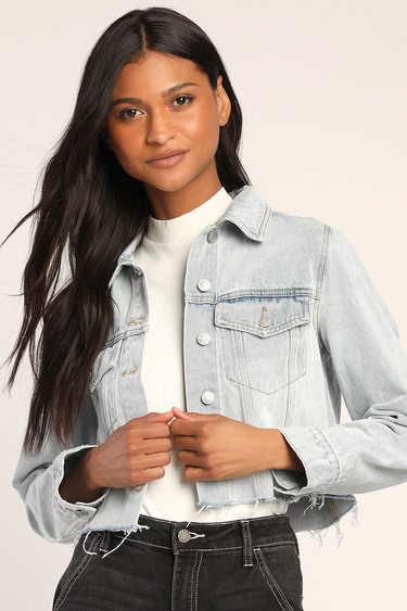 Sage The Label Young N Free Mid Wash Distressed Cropped Denim Jacket