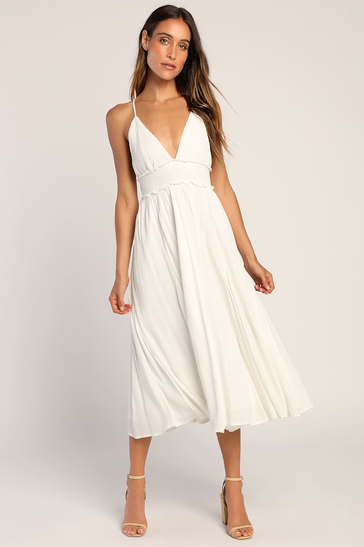 so stunning white backless midi dress Chic White Midi Dress - Bodycon Dress - White Backless Dress
