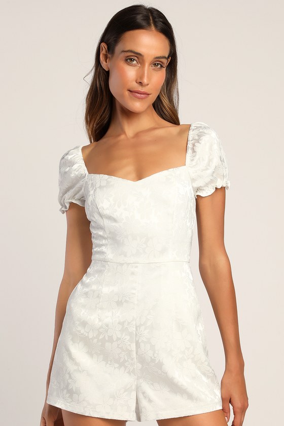 Ivory Satin Romper - Jacquard Romper - Puff Sleeve Romper - Lulus