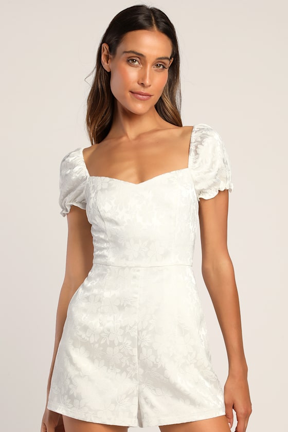 Ivory Satin Romper Jacquard Romper Puff Sleeve Romper Lulus