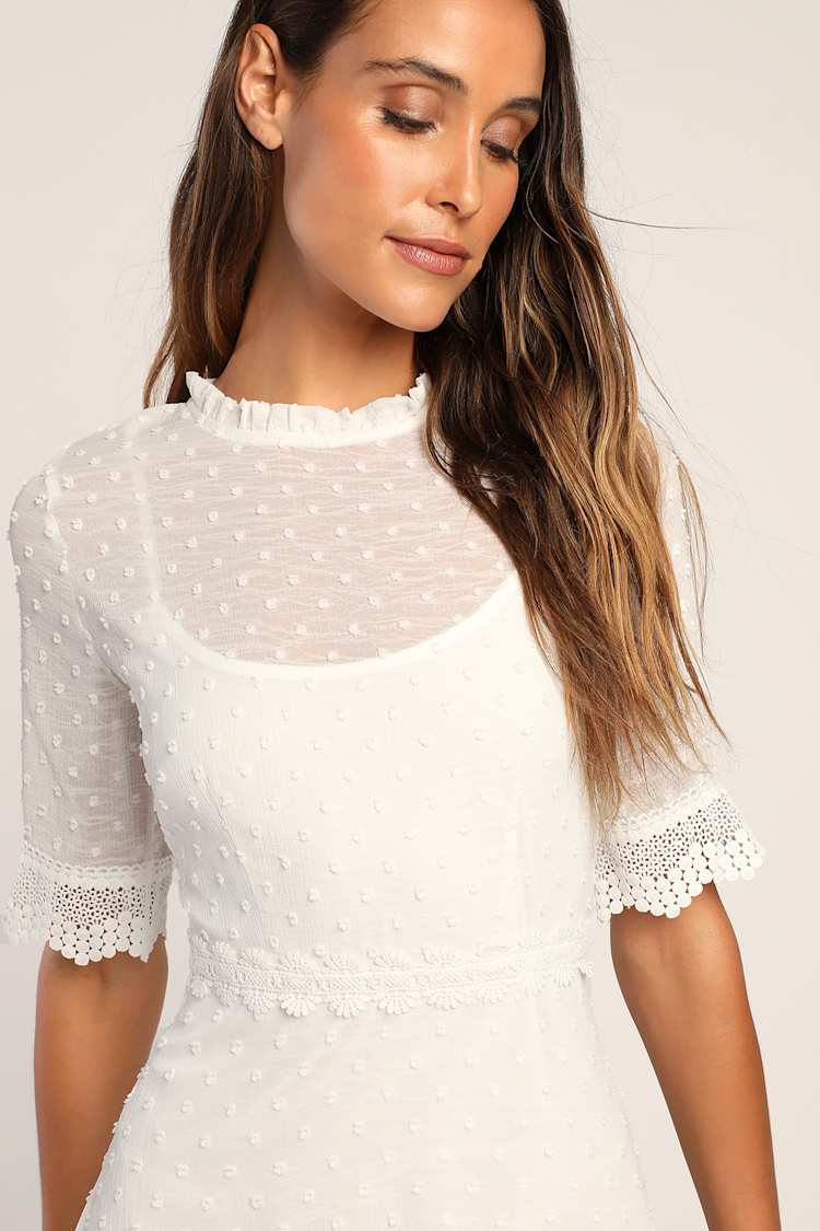 white swiss dot midi dress Lulus | White Swiss Dot Ruched Tulle Midi Dress | Womens | X-Large (Available in XS)