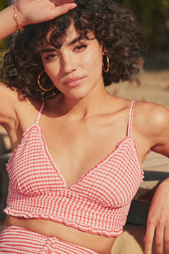 Stun and Games Coral Gingham Print Sleeveless Tie-Back Crop Top 6