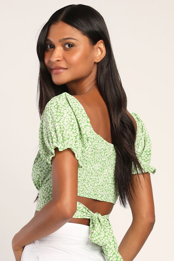 LUSH Green Floral Tie-Back Top - Puff Sleeve Top - Cropped Top - Lulus