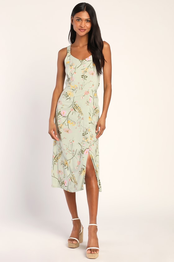 Simply Easy Dusty Sage Floral Print Midi Dress