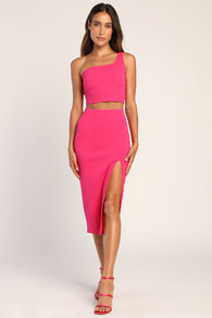 Phenomenal Style Magenta One-Shoulder Two-Piece Midi Dress