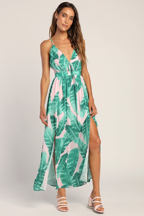 Island Essentials Pink Leaf Print Slit Maxi Dress 5