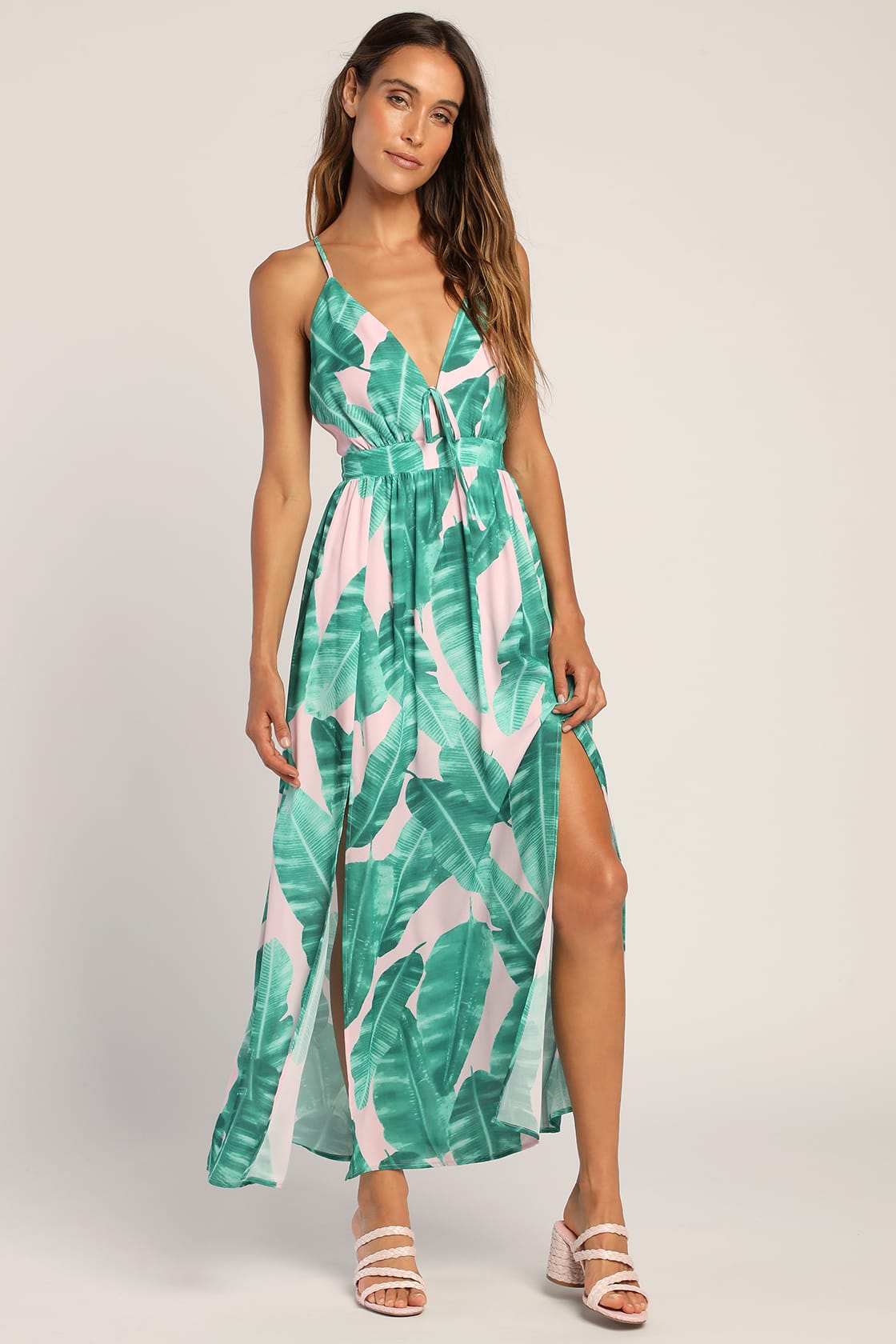 Pink Leaf Print Dress - Slit Maxi Dress - Tropical Print Dress - Lulus